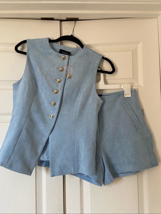 Vici Tops - Sleeveless Light Blue Button-Front Tailored Top & Shorts Set